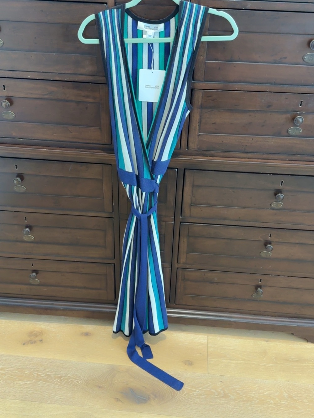 Sleeveless Striped Wrap Dress in Blue, Teal & White